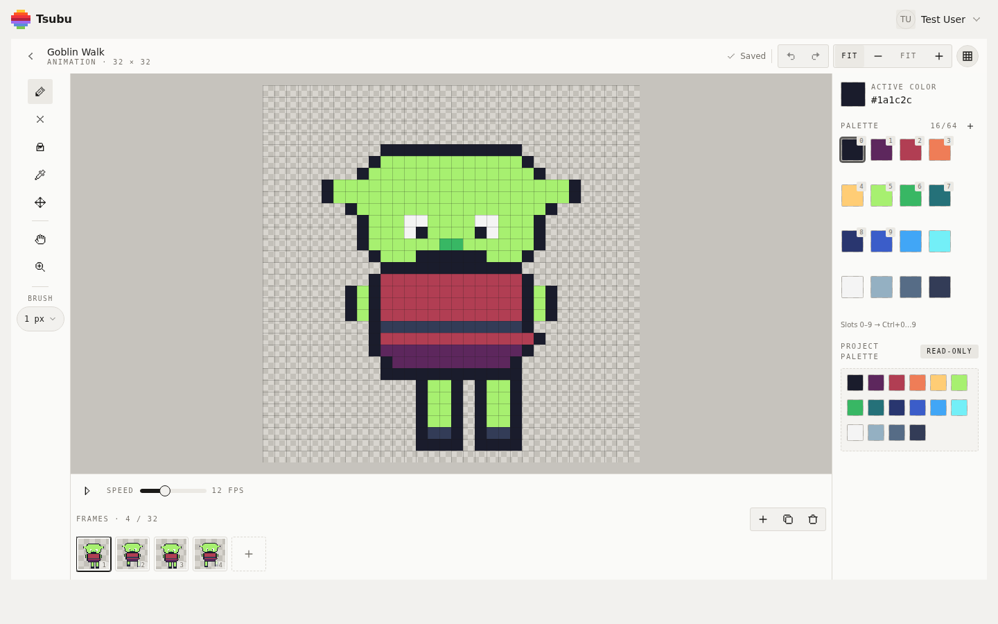The Tsubu browser editor open with a project, showing the canvas, tools and animation timeline