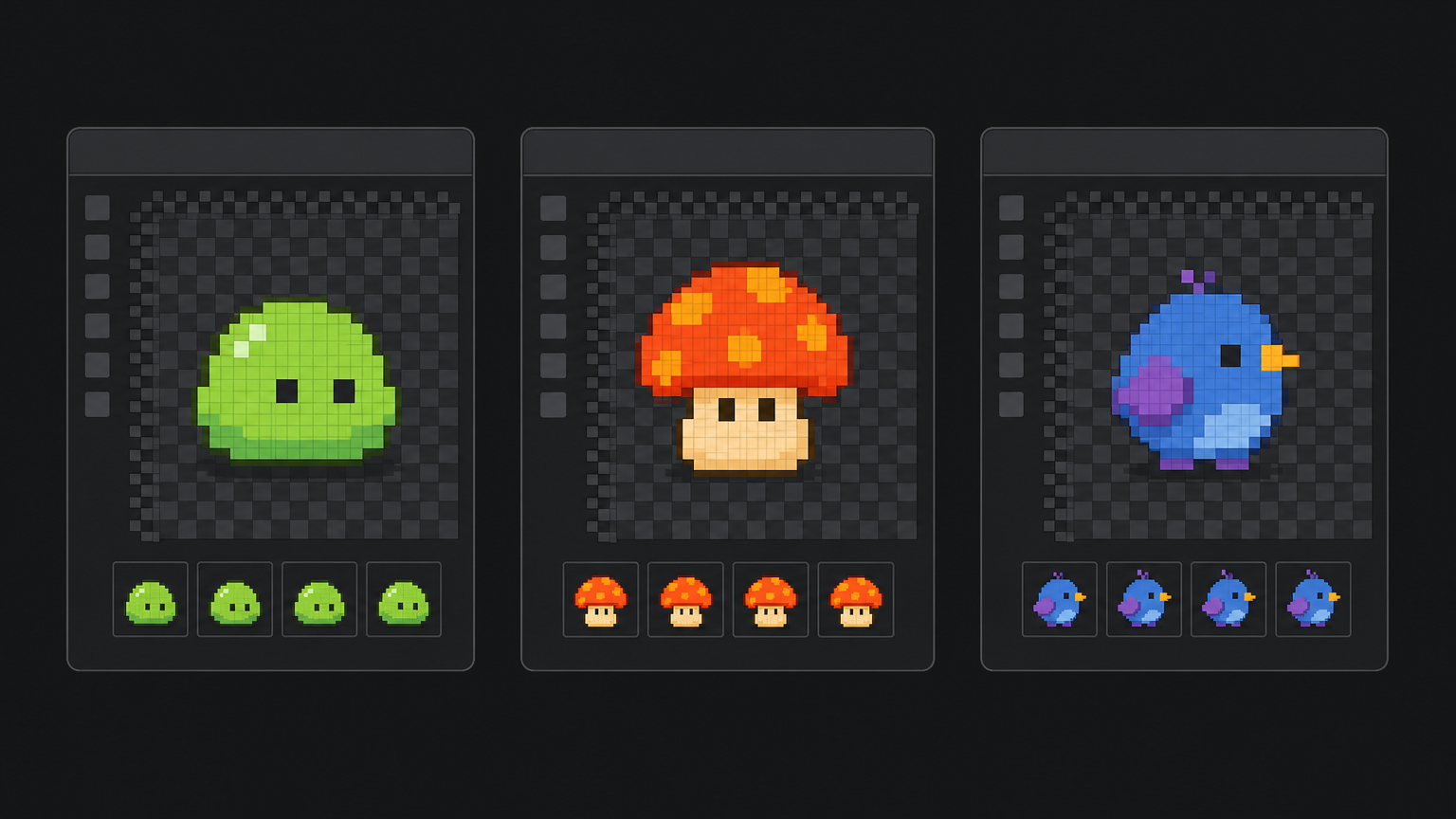 Several pixel-art editor windows suggested side by side as a comparison