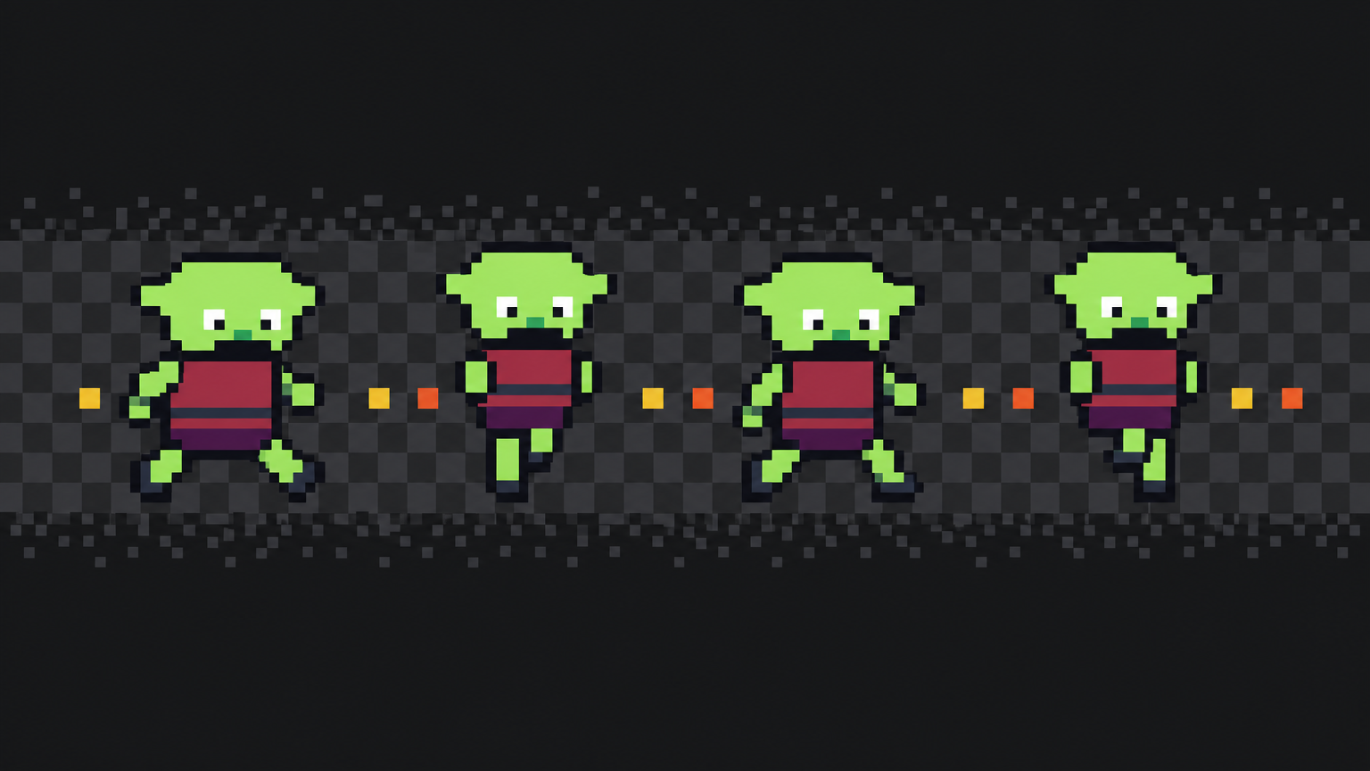 A pixel-art character shown as a sequence of walk-cycle frames flowing into motion
