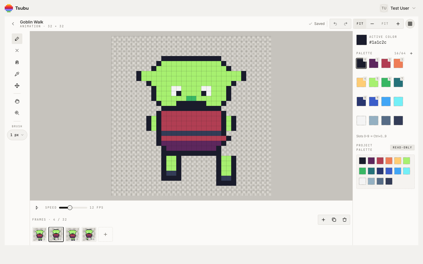The Tsubu editor showing a walk-cycle animation on the timeline with the frame filmstrip and FPS control visible
