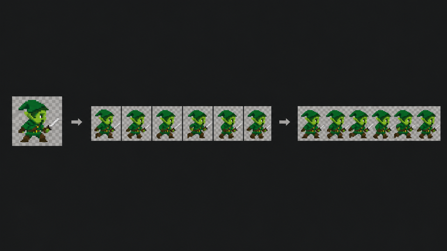 Pixel-art character progressing from individual frames to a completed sprite sheet