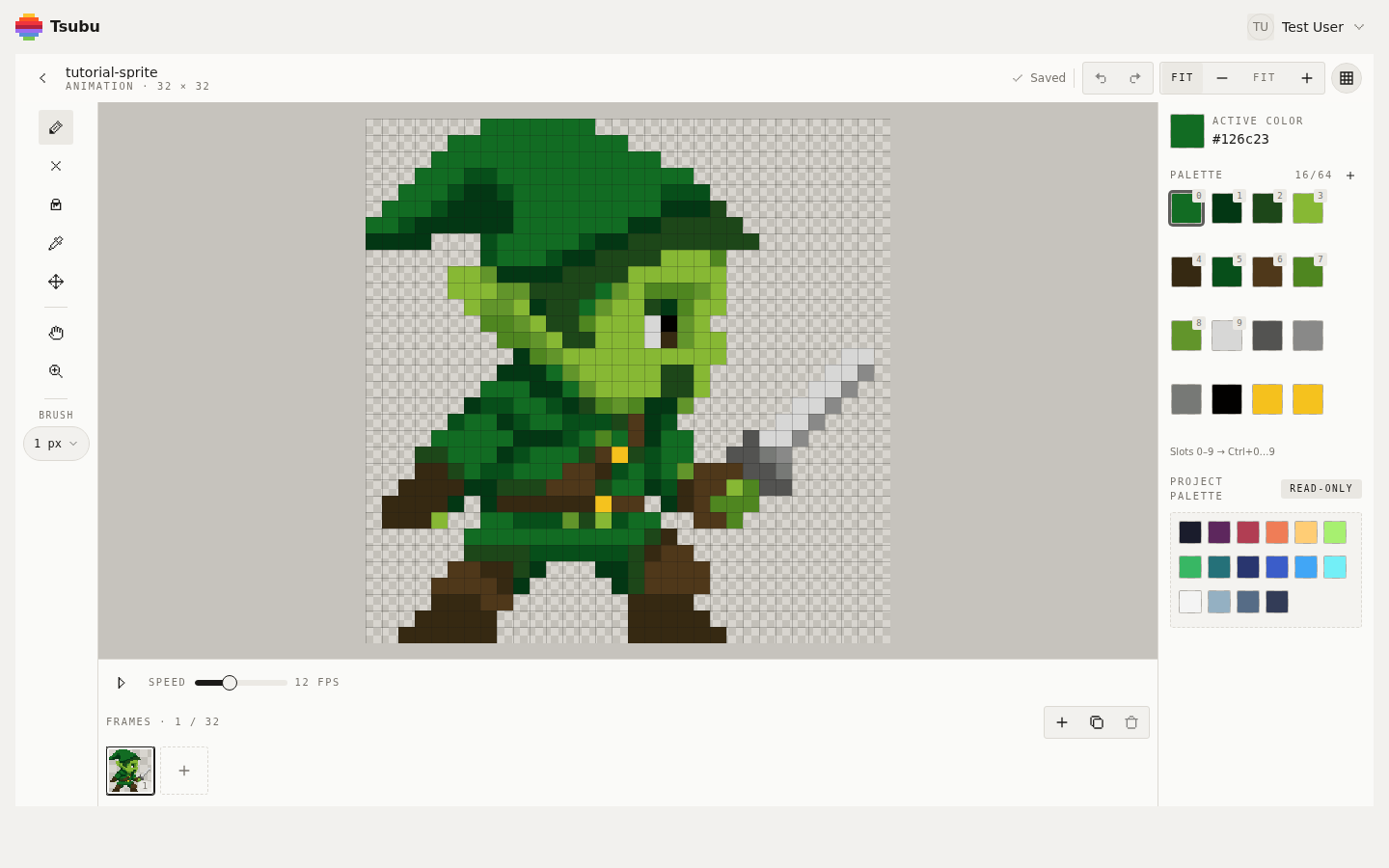 Tsubu editor with a generated sprite on the canvas and animation timeline visible