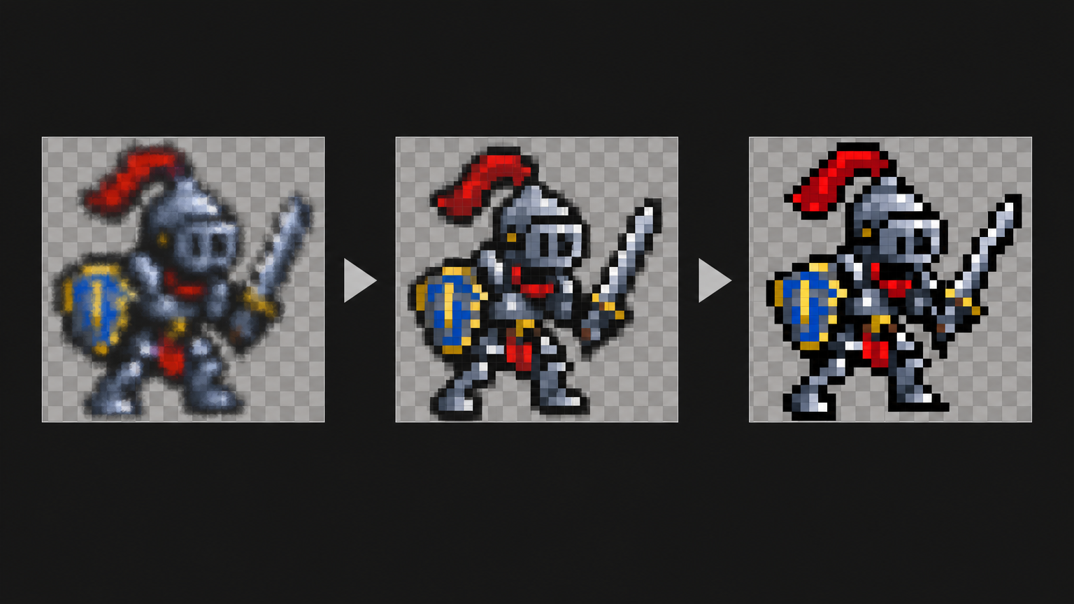 A pixel-art character progressing from a rough draft to a clean game-ready sprite