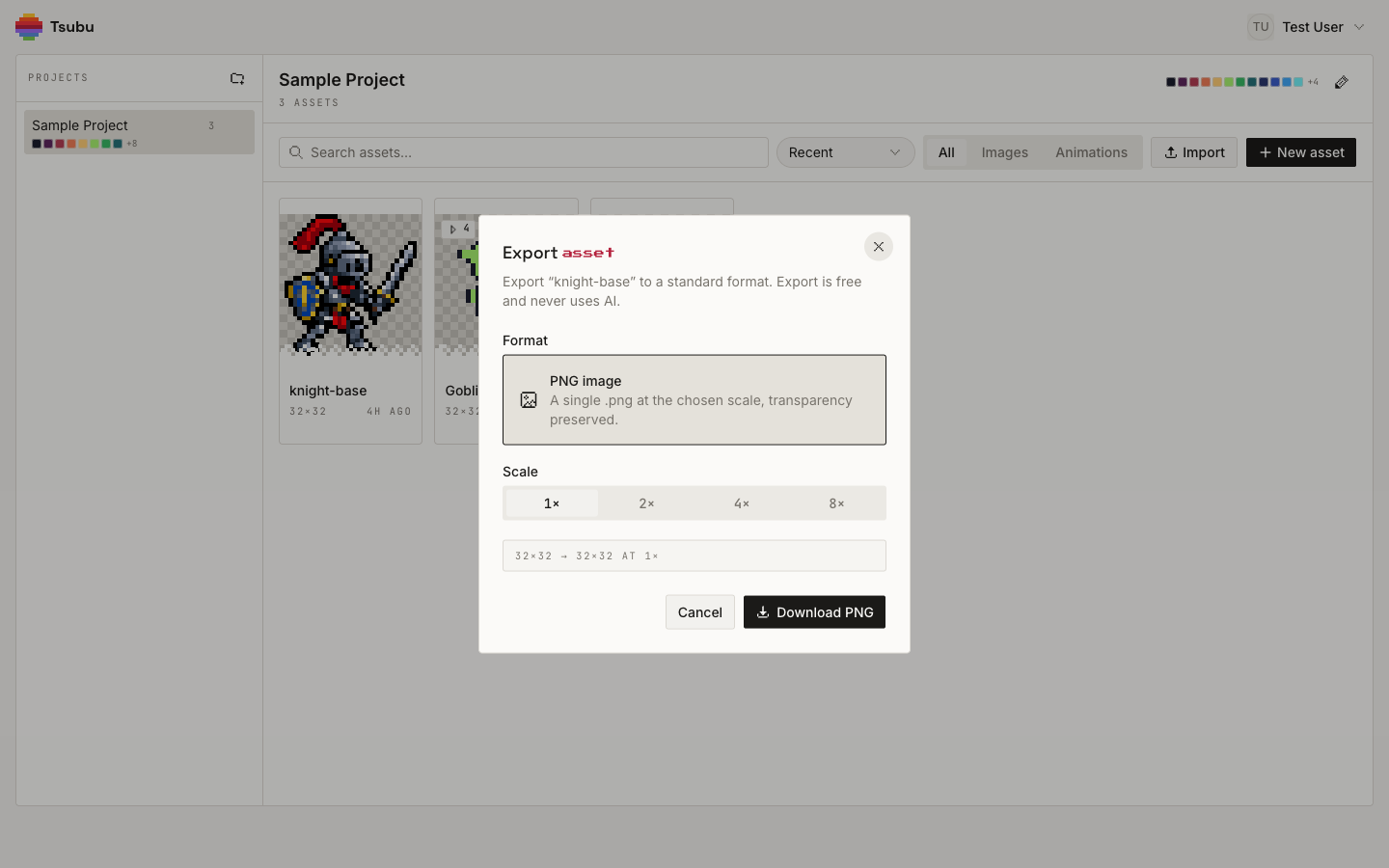 The Tsubu export dialog for the knight sprite, offering a PNG download at 1x to 8x scale