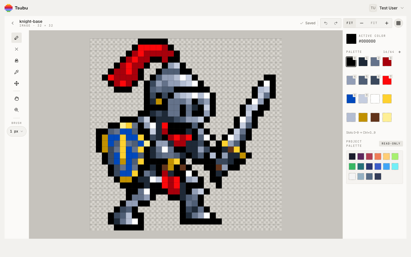 The Tsubu editor showing a generated knight sprite on a visible pixel grid with its 16-colour palette
