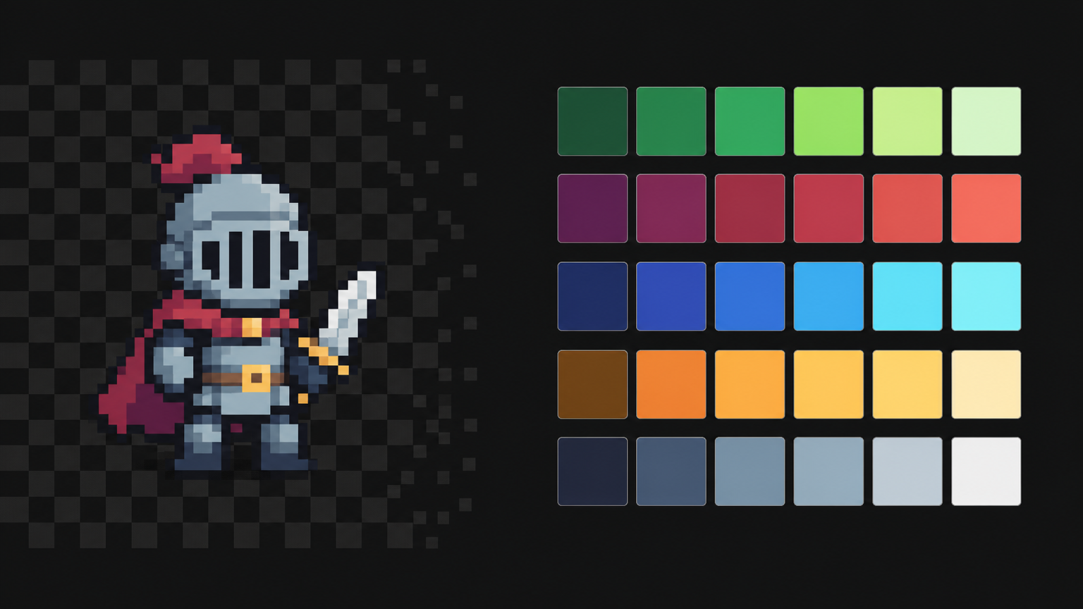 A small pixel-art scene beside orderly rows of color swatches forming light-to-dark ramps