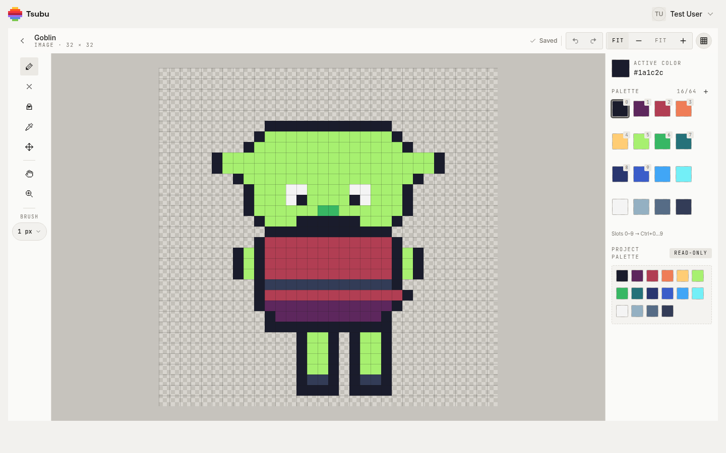 The Tsubu editor with a pixel-art sprite on the canvas and its limited color palette panel open