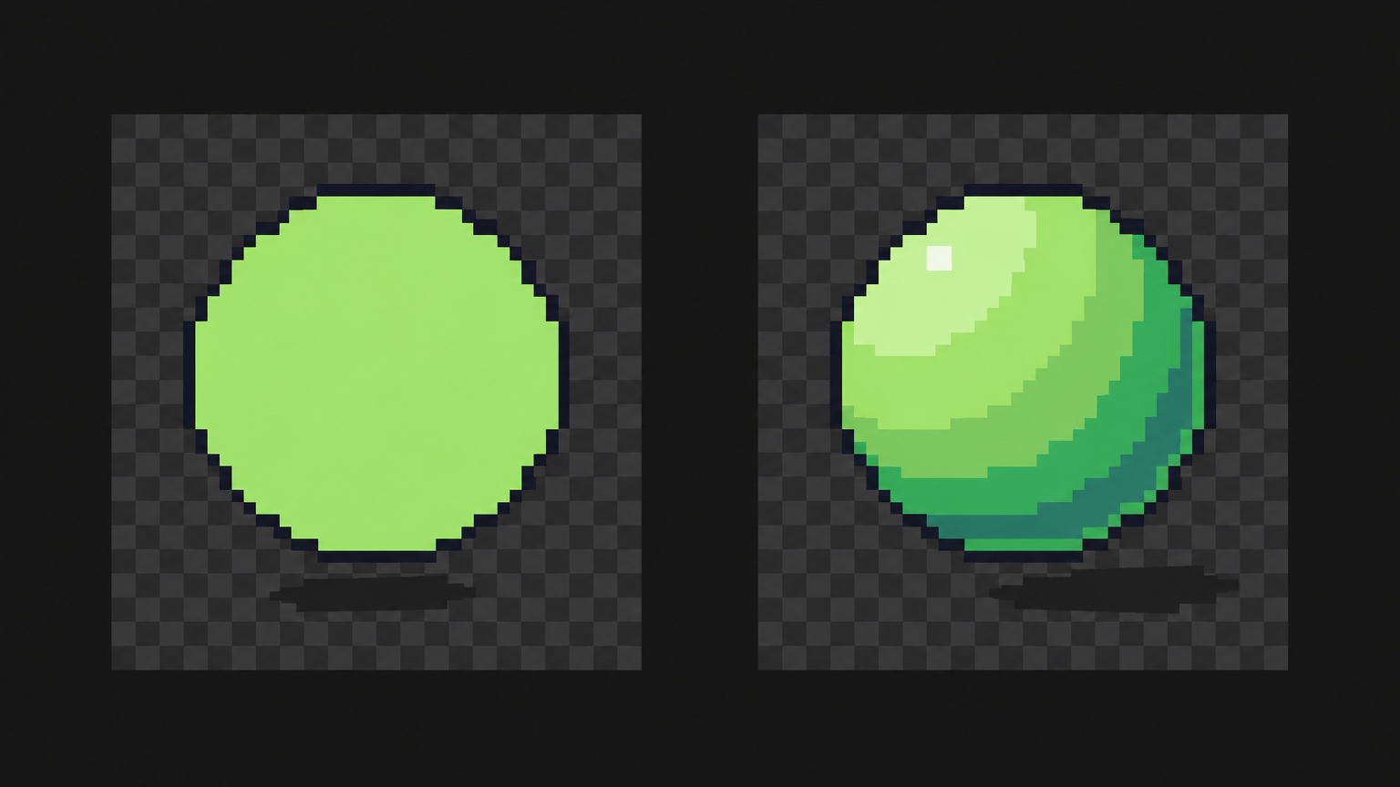 A simple pixel-art form shown flat and then shaded with a clear light direction