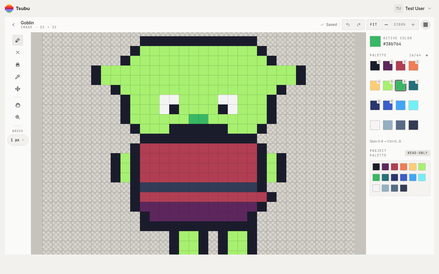 The Tsubu editor zoomed to 3200% on a pixel-art goblin, with the pencil active and a darker green from the palette ramp selected for shading