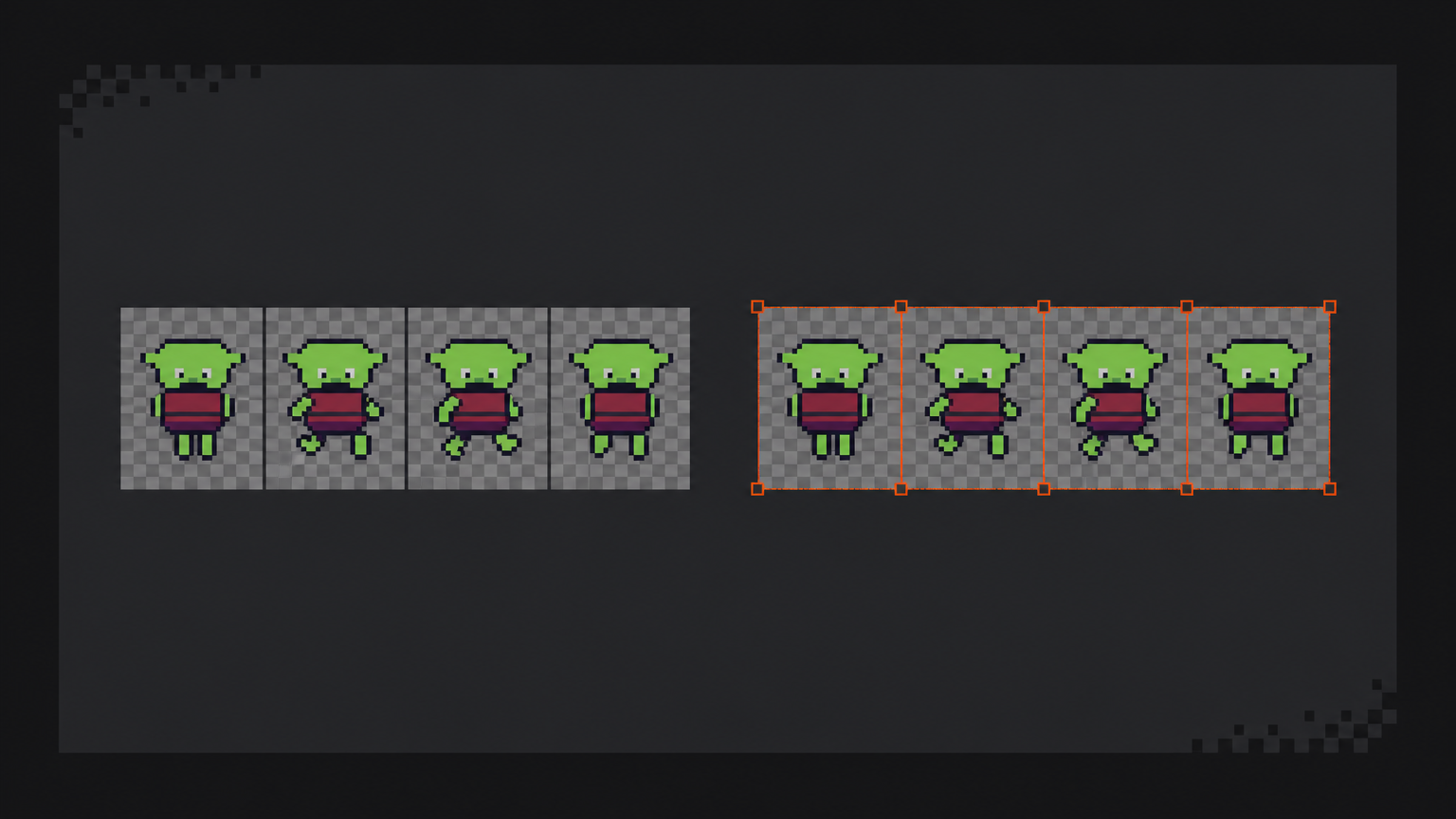 A pixel-art character's animation frames laid out as a uniform grid beside a subtle tile-slicing overlay