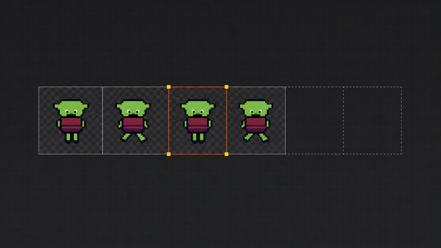 A pixel-art character's animation frames laid out as a horizontal strip beside a frame grid