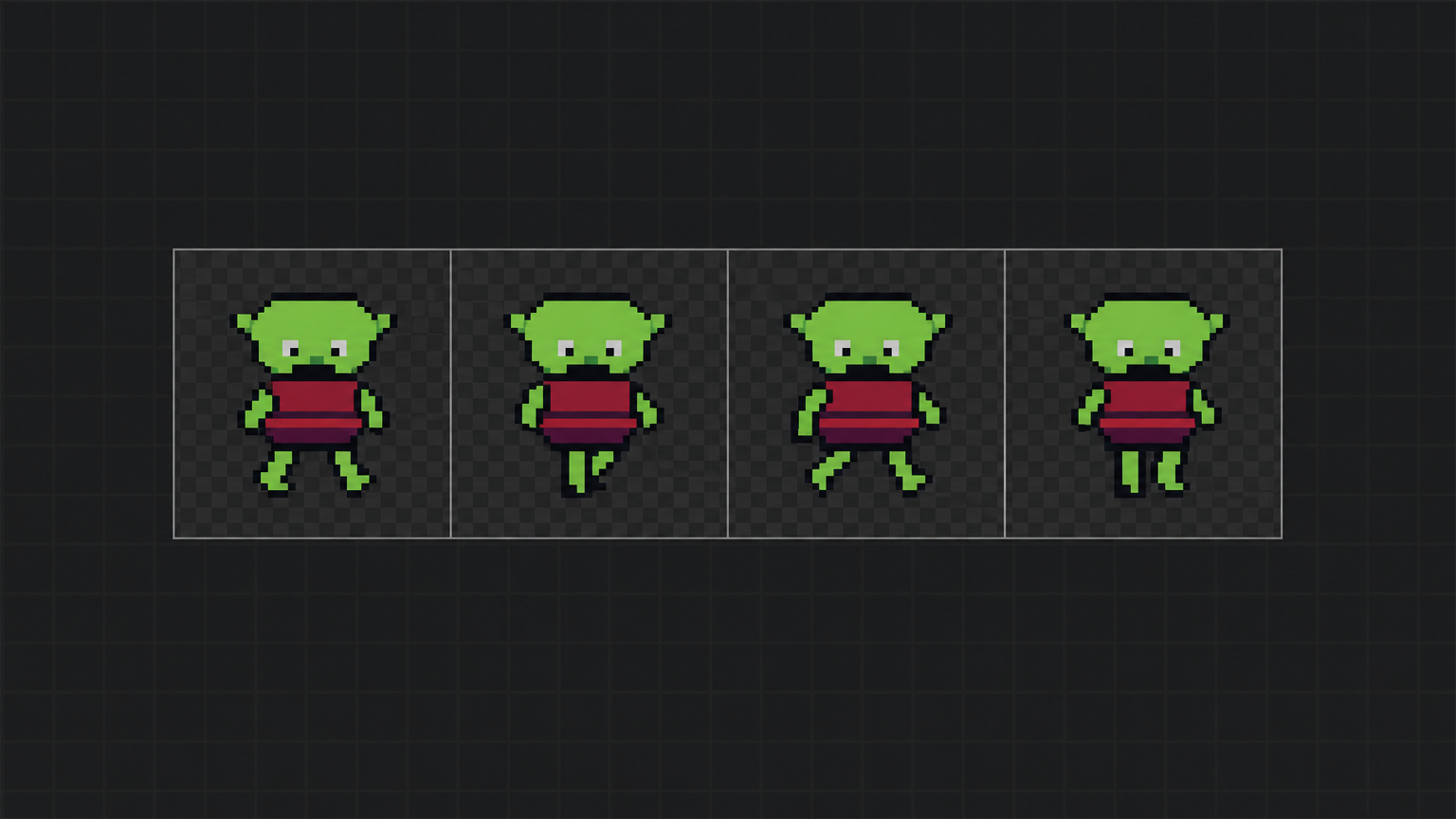 A packed pixel-art sprite sheet with frame outlines, evoking a browser game engine