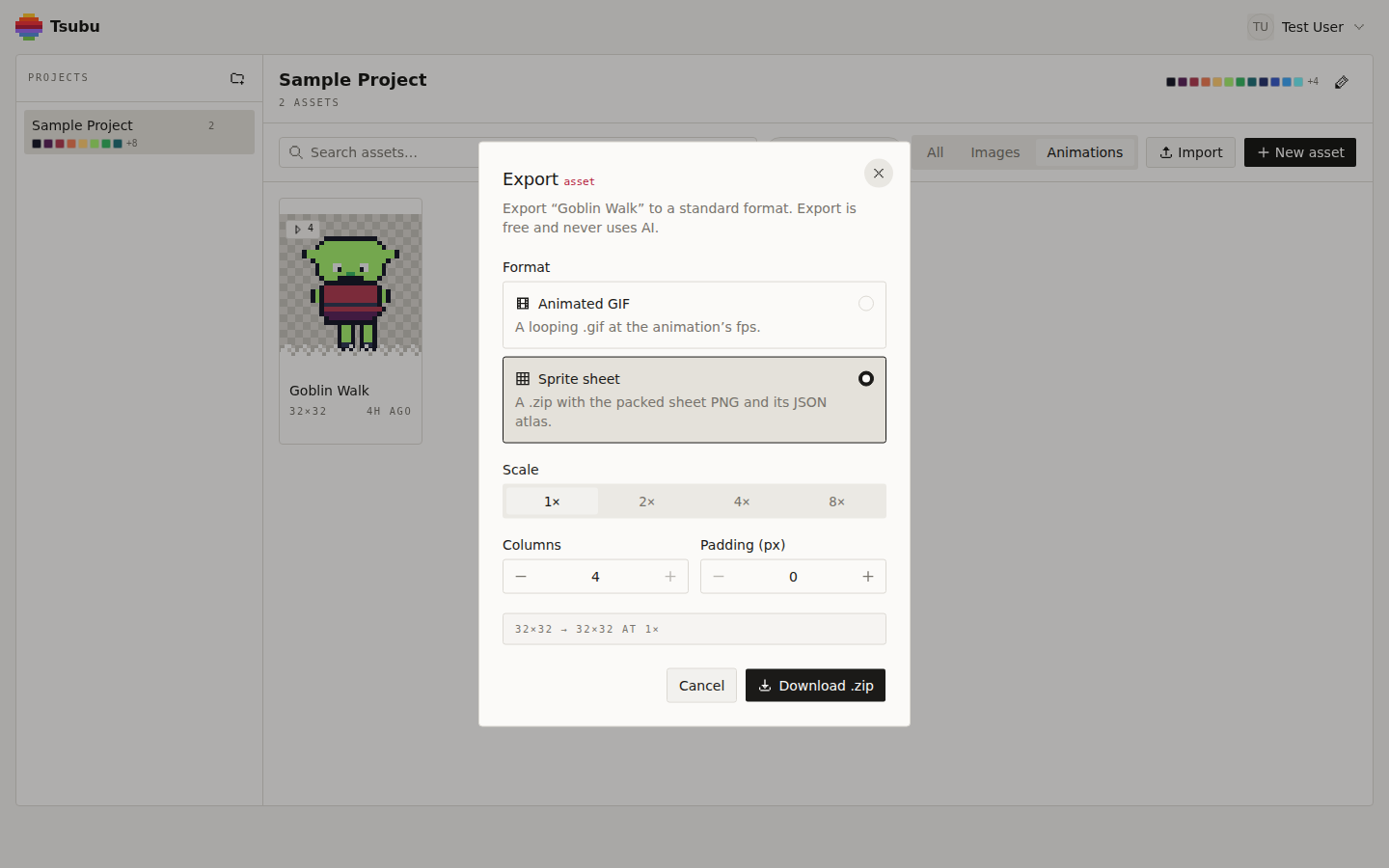 The Tsubu editor export panel producing a packed sprite sheet and its JSON metadata for a web engine