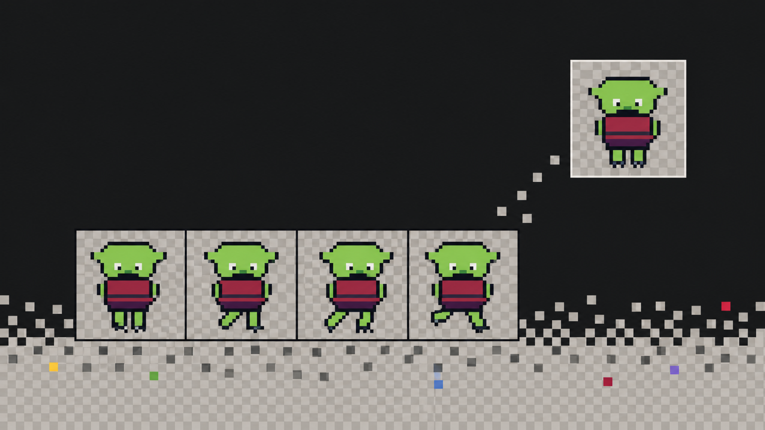 A packed pixel-art sprite sheet with frame outlines, evoking a browser rendering canvas