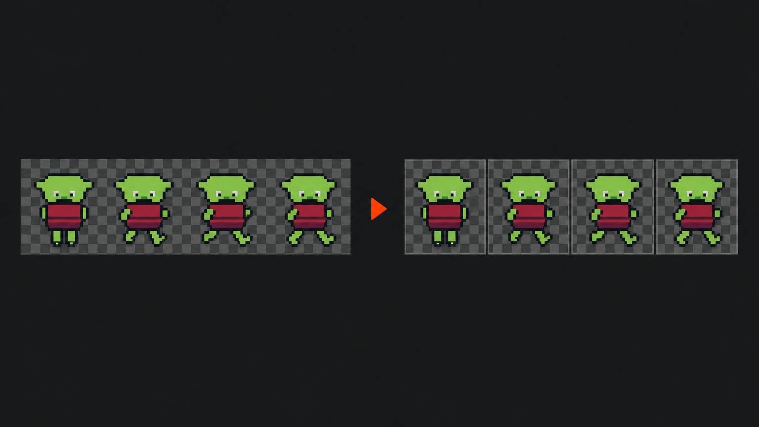 A packed pixel-art sprite sheet alongside a grid, evoking import into a game engine